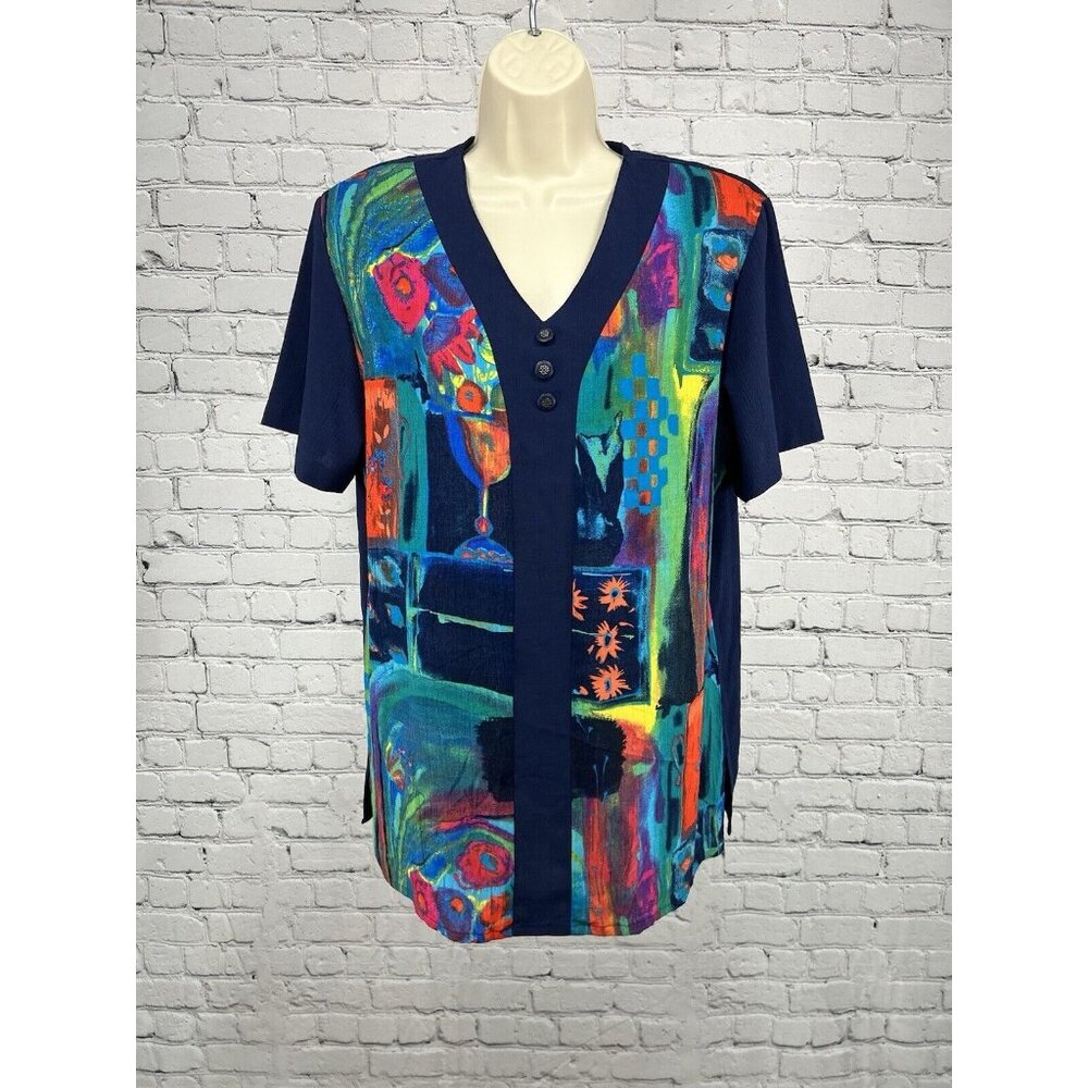 VTG CM Shapes Floral Colorful Button Shoulder Pad Short Sleeve Tunic Blouse M